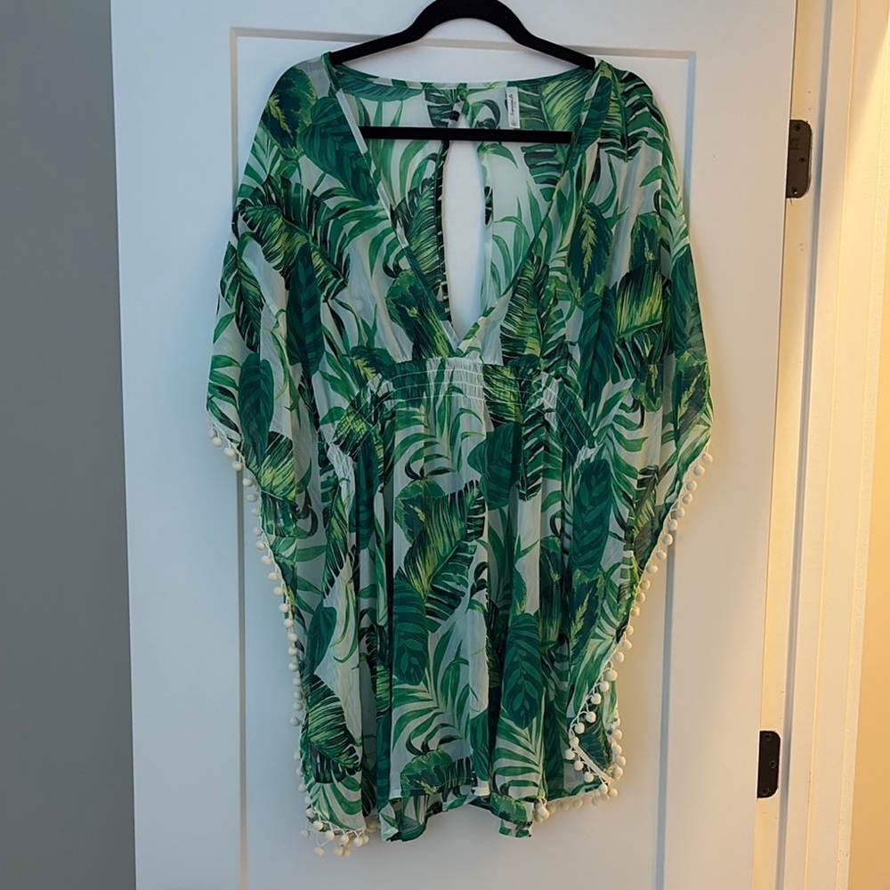Tropical Green Leaf Print Swim Cover-Up